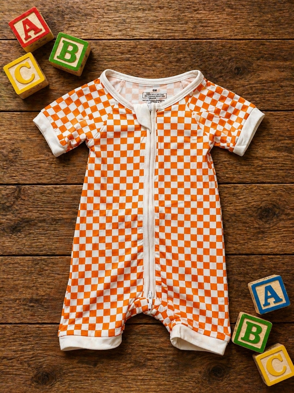 NWOT Orange Checkered Short Sleeve Baby One-Piece Bamboo Romper